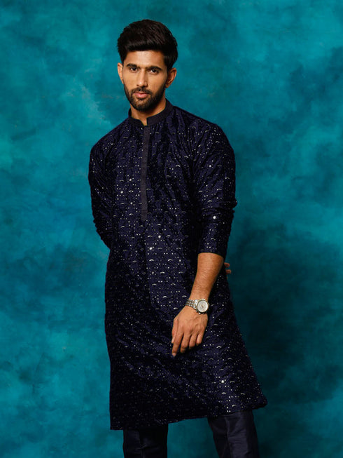 Men's Blue Silk Blend Embellished Kurta